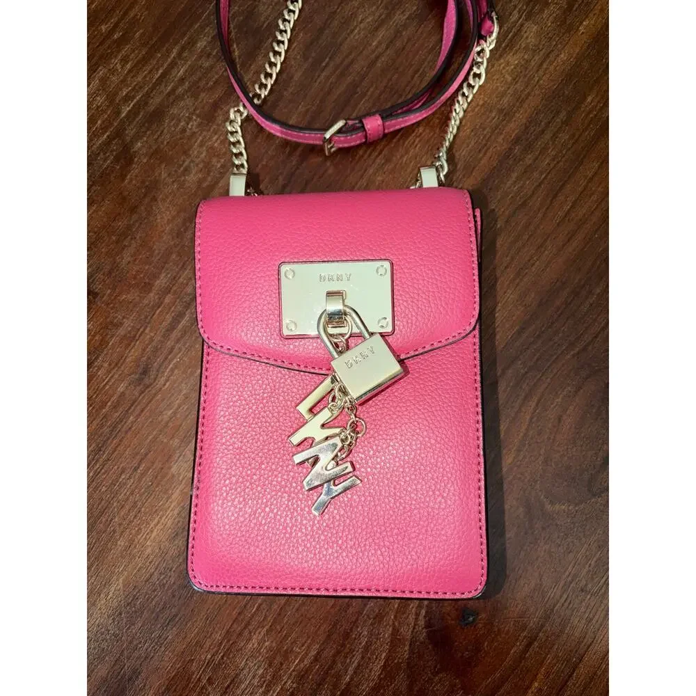 DKNY Pink Pebbled Leather Phone Crossbody Bag Gold Tone Lock Charm Chain Leather - Picture 4 of 11